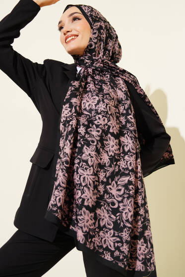 Liora Desenli Soft Şal Siyah Pudra -14 - Başörtüsü