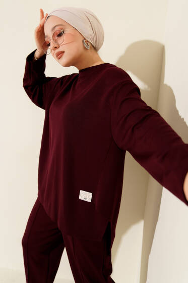 Logolı Asimetrik Kesim Loyşa İkili Takım Bordo - İkili Takım