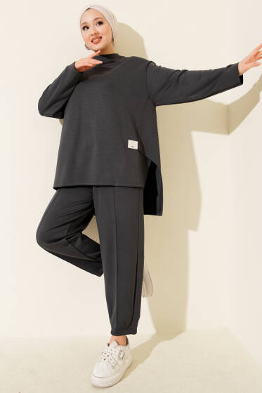 Logolı Asimetrik Kesim Loyşa İkili Takım Füme - İkili Takım