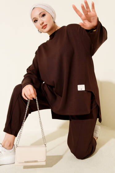 Logolı Asimetrik Kesim Loyşa İkili Takım Kahve - İkili Takım