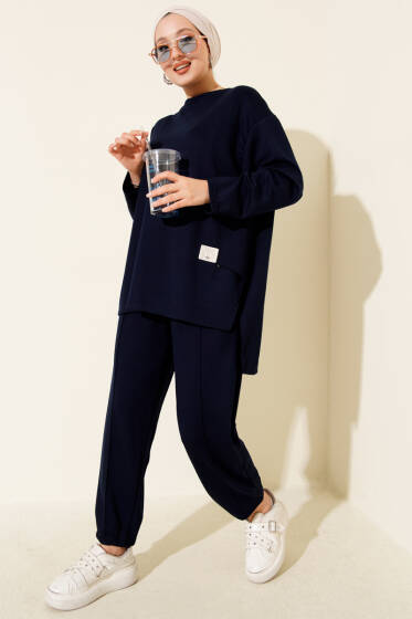 Logolı Asimetrik Kesim Loyşa İkili Takım Lacivert - İkili Takım