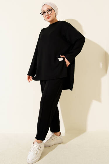 Logolı Asimetrik Kesim Loyşa İkili Takım Siyah - İkili Takım