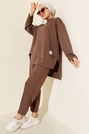 Logolı Asimetrik Kesim Loyşa İkili Takım Vizon - İkili Takım