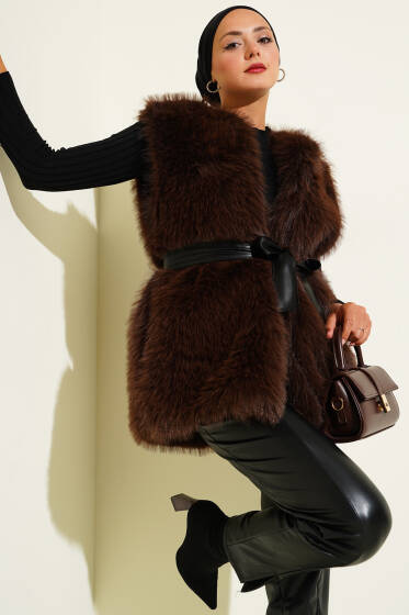 Lolita Peluş Kuşaklı Yelek Acı Kahve - Yelek