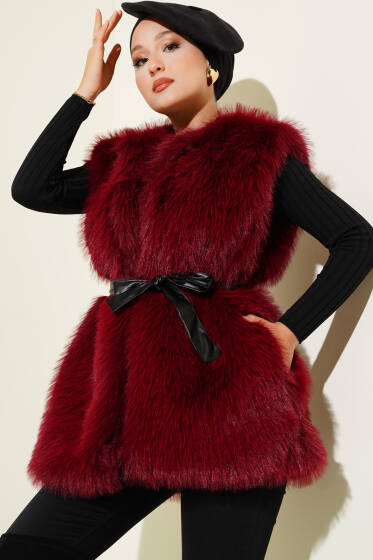 Lolita Peluş Kuşaklı Yelek Bordo - Yelek