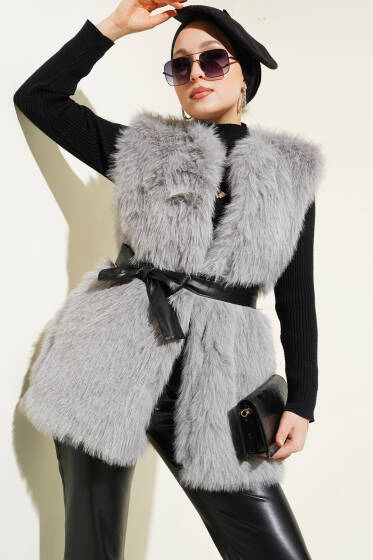 Lolita Peluş Kuşaklı Yelek Gri - 700-1000 TL Ürünler