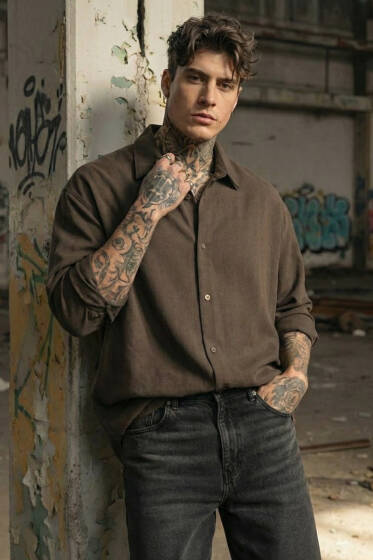 Loose Fit Gabardin Erkek Gömlek Kahve - Erkek Gömlek