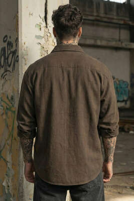 Loose Fit Gabardin Erkek Gömlek Kahve - Erkek Gömlek