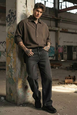 Loose Fit Gabardin Erkek Gömlek Kahve - Erkek Gömlek