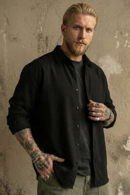 Loose Fit Gabardin Erkek Gömlek Siyah - Erkek Gömlek