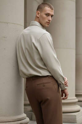 Loose Fit Gabardin Erkek Gömlek Vizon - Erkek Gömlek