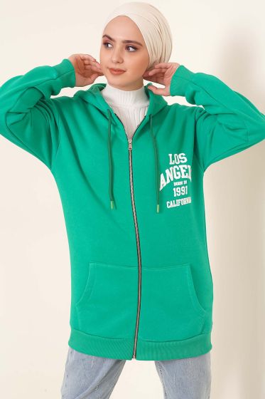 Los Angeles Baskılı Fermuarlı Hırka Yeşil - Hırka
