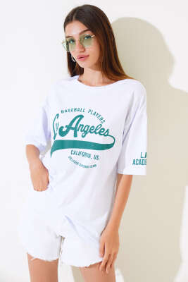 Los Angeles Baskılı Salaş T-shirt Beyaz 