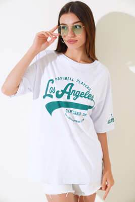 Los Angeles Baskılı Salaş T-shirt Beyaz - Kadın Giyim Modelleri