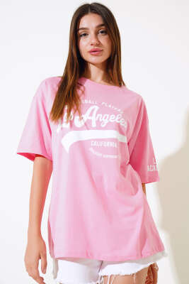 Los Angeles Baskılı Salaş T-shirt Pembe - Kadın Giyim Modelleri