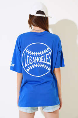 Los Angeles Baskılı Salaş T-shirt Saks - Kadın Giyim Modelleri