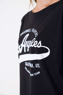 Los Angeles Baskılı Salaş T-shirt Siyah - Kadın Giyim Modelleri