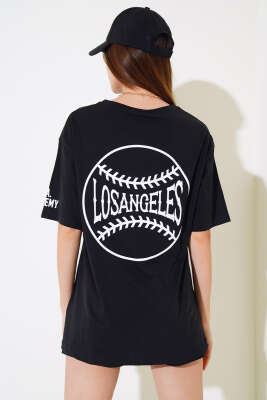 Los Angeles Baskılı Salaş T-shirt Siyah - Kadın Giyim Modelleri