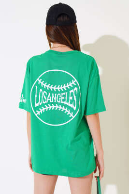 Los Angeles Baskılı Salaş T-shirt Yeşil - Kadın Giyim Modelleri