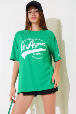 Los Angeles Baskılı Salaş T-shirt Yeşil - Kadın Giyim Modelleri