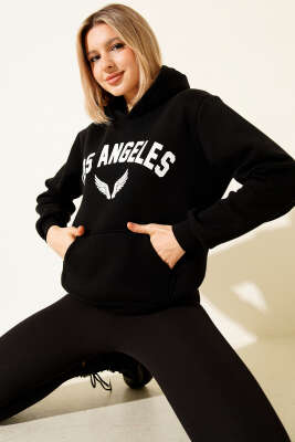 Los Angeles Baskılı Şardonlu Sweatshirt Siyah - Kadın Giyim Modelleri