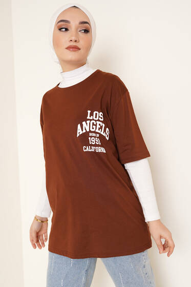 Los Angeles Baskılı Tshirt Kahve - T-Shirt