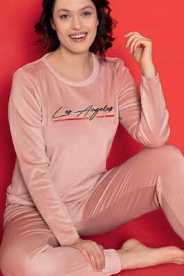 Los Angeles Baskılı Kadife Pijama Takımı Gül Kurusu - Pijama