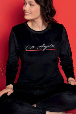 Los Angeles Baskılı Kadife Pijama Takımı Siyah - Pijama