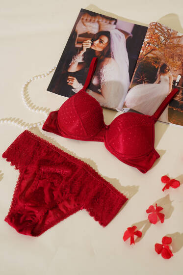 Lotus Destekli Jakar Sütyen Takım Bordo - Destekli Sütyen Takım