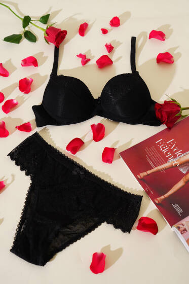 Lotus Destekli Jakar Sütyen Takım Siyah - Destekli Sütyen Takım