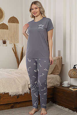 Love Baskı Detaylı Kısa Kol Pijama Takımı Kayrak Grisi - IŞILAY