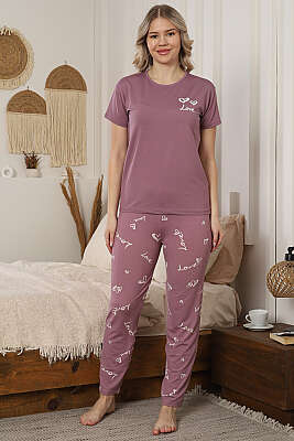Love Baskı Detaylı Kısa Kol Pijama Takımı Lila - Pijama