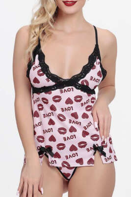 Love Baskılı Askılı Gecelik Pembe - Günün Seçilenleri