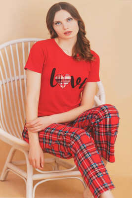 Love Baskılı Ekoseli Pijama Takımı Kırmızı - ORIGINAL