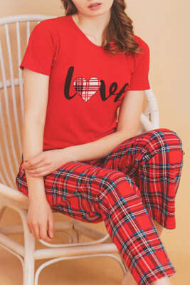 Love Baskılı Ekoseli Pijama Takımı Kırmızı - Kadın Pijama Takımı