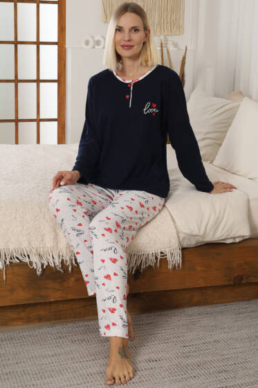 Love Baskılı Kadın Pijama Takımı Lacivert - Pijama