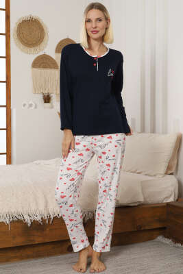 Love Baskılı Kadın Pijama Takımı Lacivert - Pijama