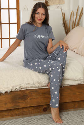 Love Baskılı Kısa Kol Pijama Takım Kayrak Grisi - Kadın Pijama Takımı