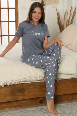 Love Baskılı Kısa Kol Pijama Takım Kayrak Grisi - Pijama