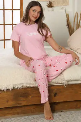 Love Baskılı Kısa Kol Pijama Takım Pembe 