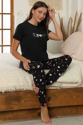 Love Baskılı Kısa Kol Pijama Takım Siyah 