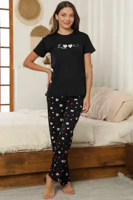 Love Baskılı Kısa Kol Pijama Takım Siyah - Kadın Pijama Takımı