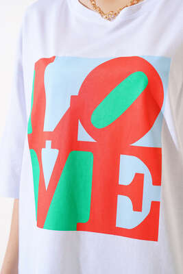 Love Baskılı T-shirt Beyaz - Thumbnail
