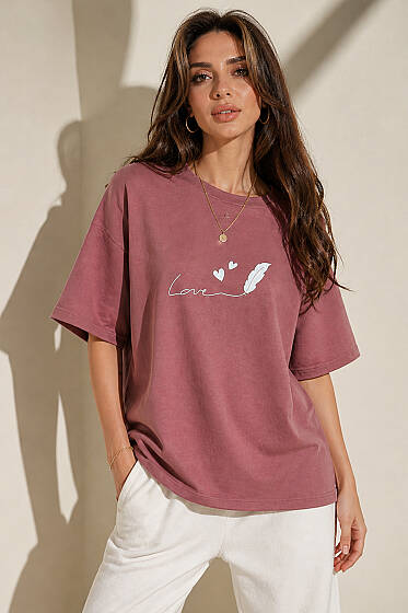 Love Baskılı T-shirt Gül Kurusu - Kadın Giyim Modelleri