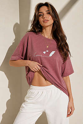 Love Baskılı T-shirt Gül Kurusu - Kadın Giyim Modelleri