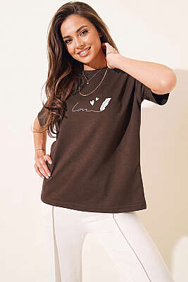 Love Baskılı T-shirt Kahve - DESFİTA