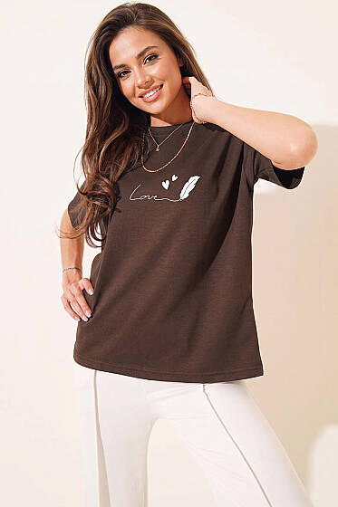Love Baskılı T-shirt Kahve - Kadın Giyim Modelleri