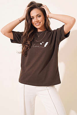 Love Baskılı T-shirt Kahve - Kadın Giyim Modelleri