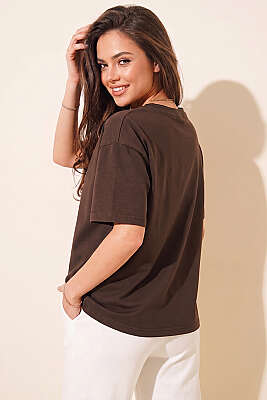 Love Baskılı T-shirt Kahve - Kadın Giyim Modelleri