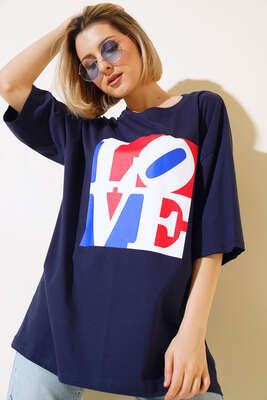 Love Baskılı T-shirt Lacivert - Thumbnail